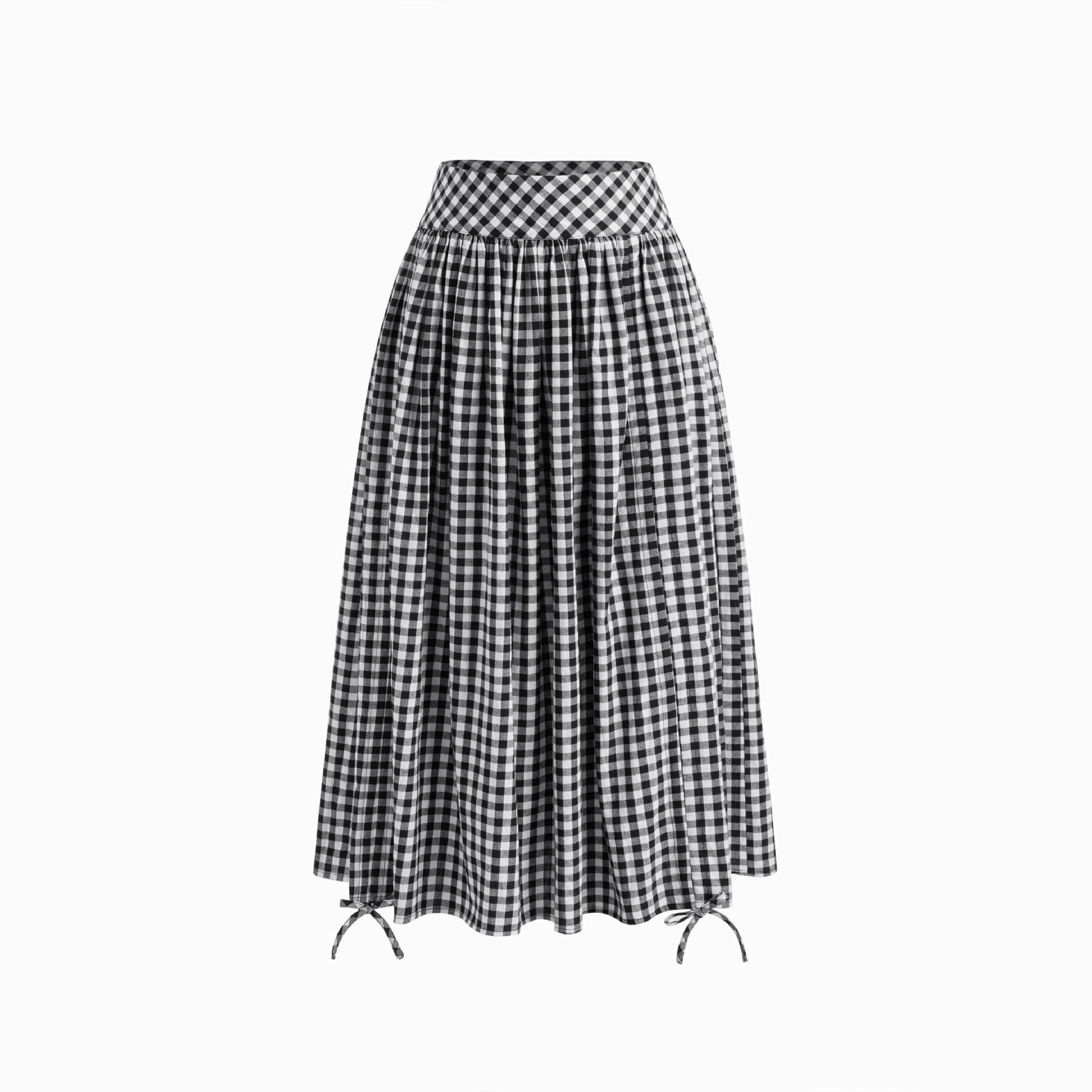 New Stylish Retro Black-and-white Plaid High-waisted Pleated Skirt With A Drawstring