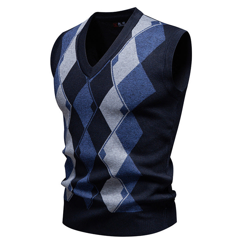 Mens Fashion Jacquard Knitted Sweater V-Neck Pullover Vest