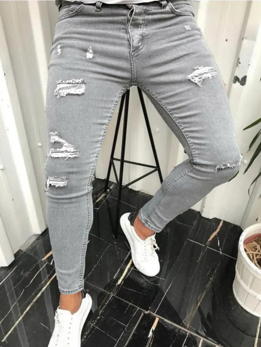 Tight Ripped Trendy Skinny Solid Color Simple Denim Trousers