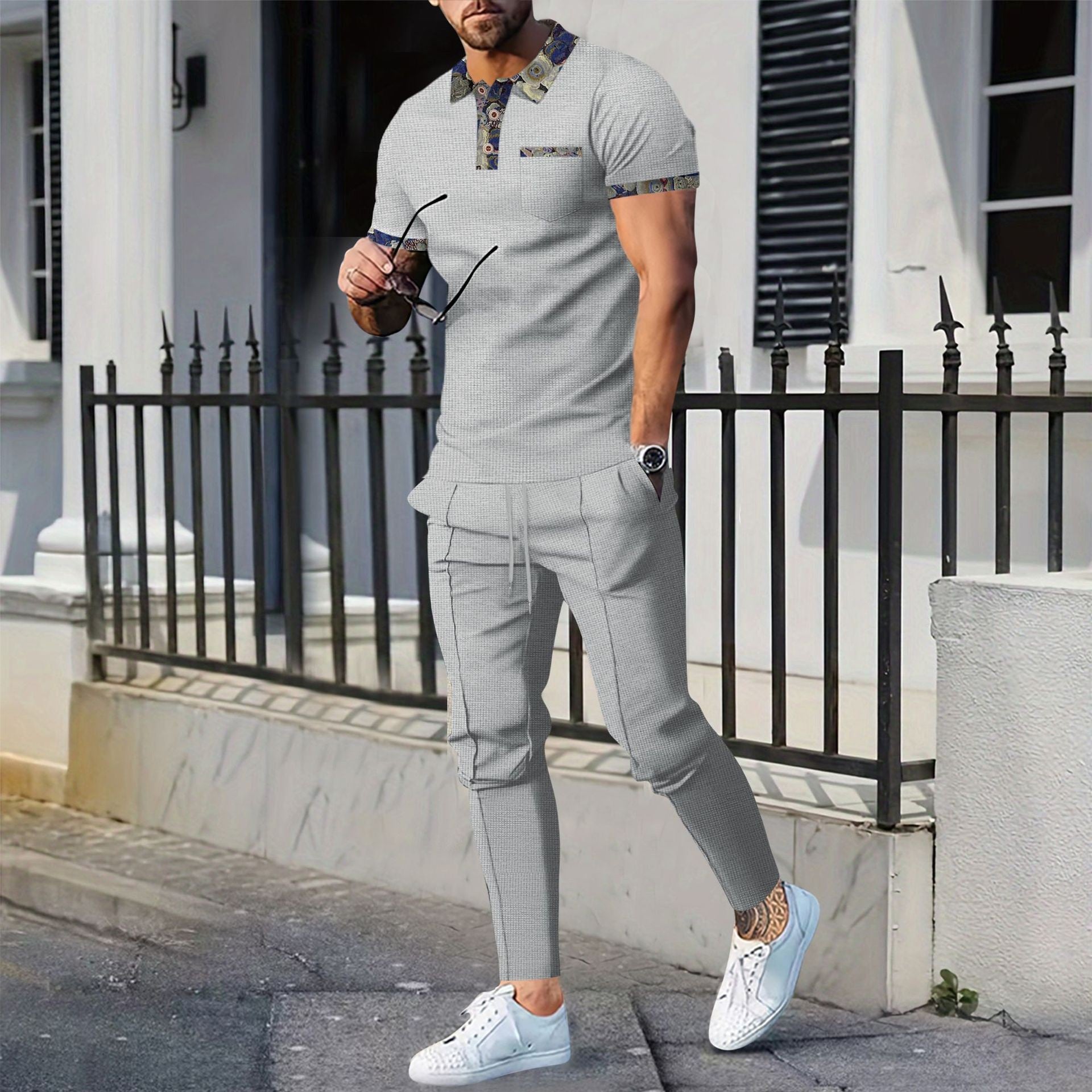 Men's Waffle Lapel Color Matching Pocket Short Sleeve Trousers Suit