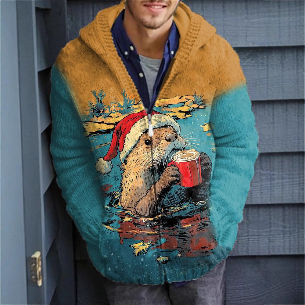 Christmas 3D Digital-Print Casual Zip-Up Hoodie