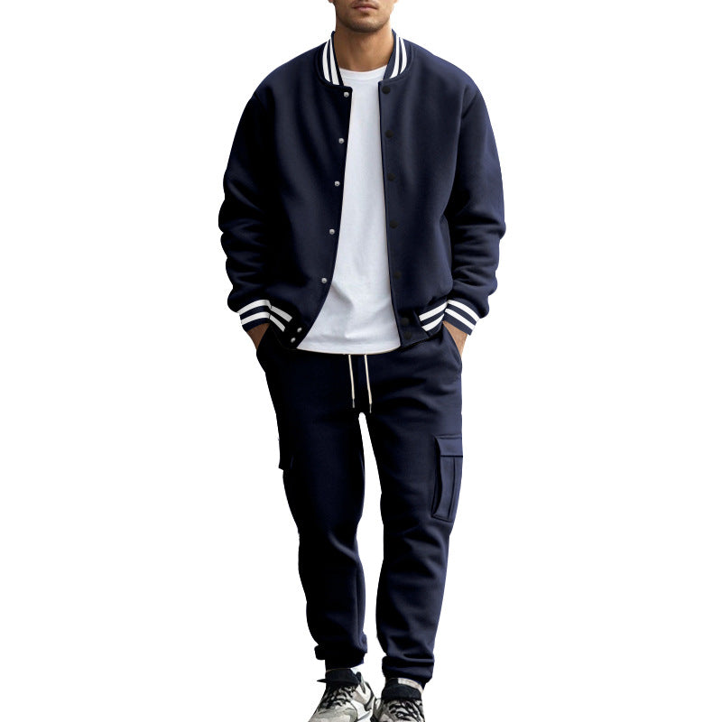 Stand Collar Baseball Uniform Trousers Fleece-lined Casual Coat Sports Suit