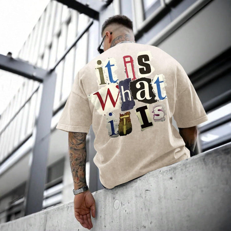 Mens Letter-Print Vintage Oversized T-Shirt