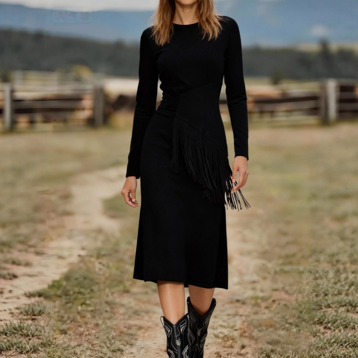 Women's Retro Western Crew-Neck Long-Sleeve Fringed Suede Velvet Dress