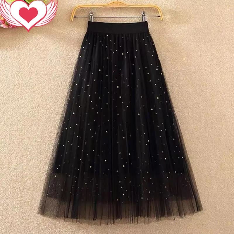 New Versatile High Waisted Slimming Mid Length Mesh Skirt For Women