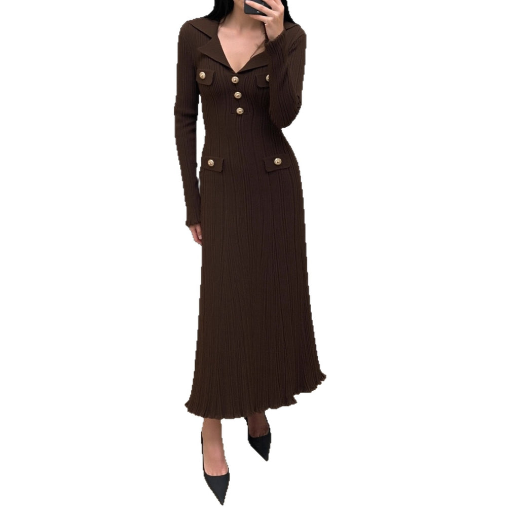 Long Sleeve Knit Dress with Waist-Cinching Design, Autumn/Winter Fashion Dress