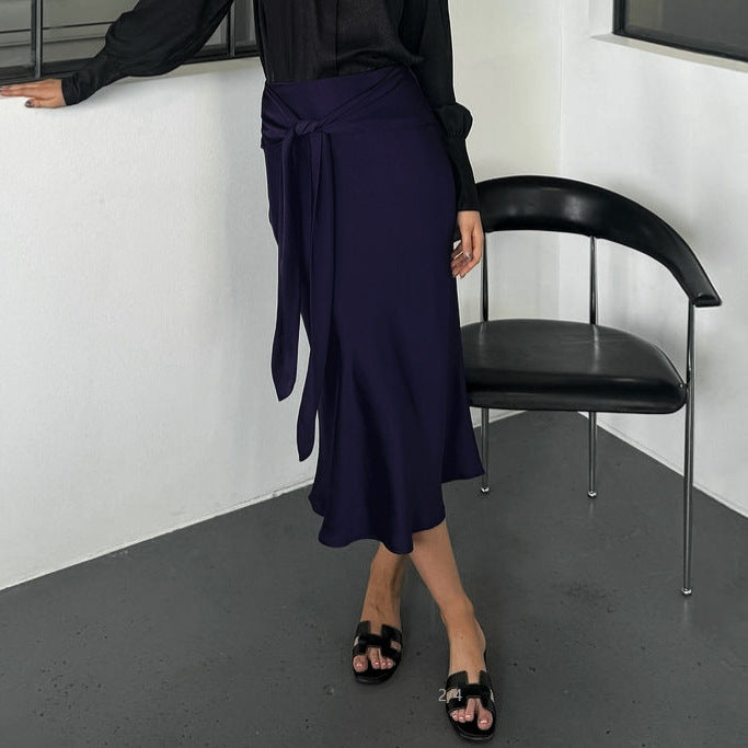 High-waisted Silk Navy Blue Wrap Skirt