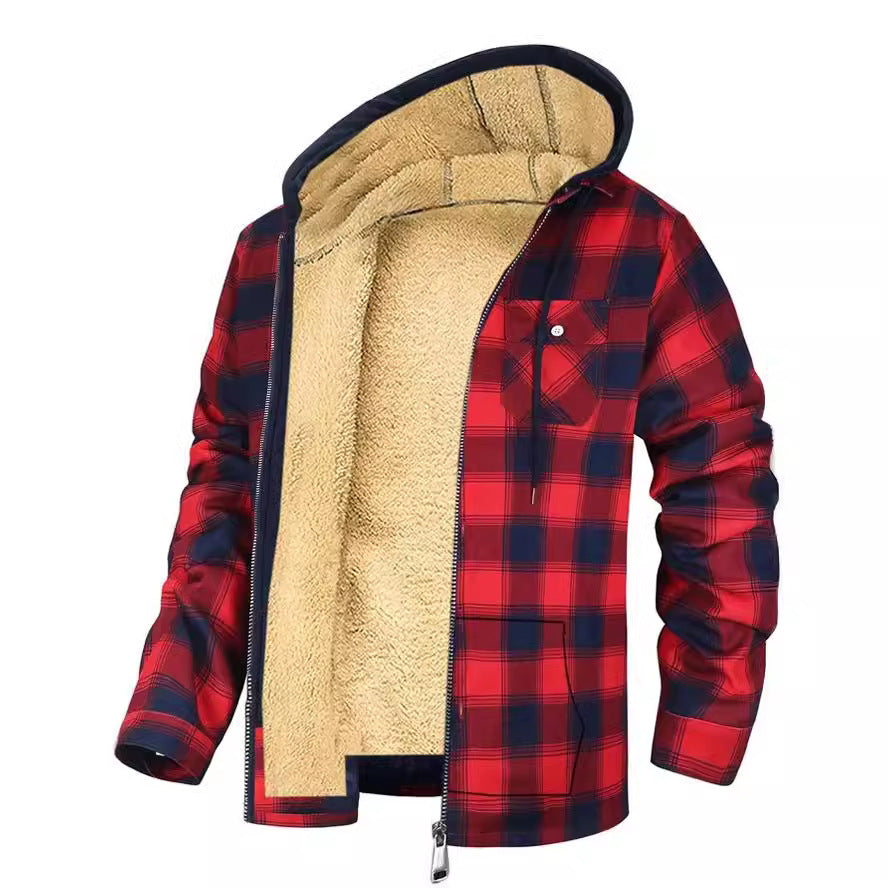 Thick Cotton Coat With Plaid Pattern Long Sleeves Loose Fit And Hood
