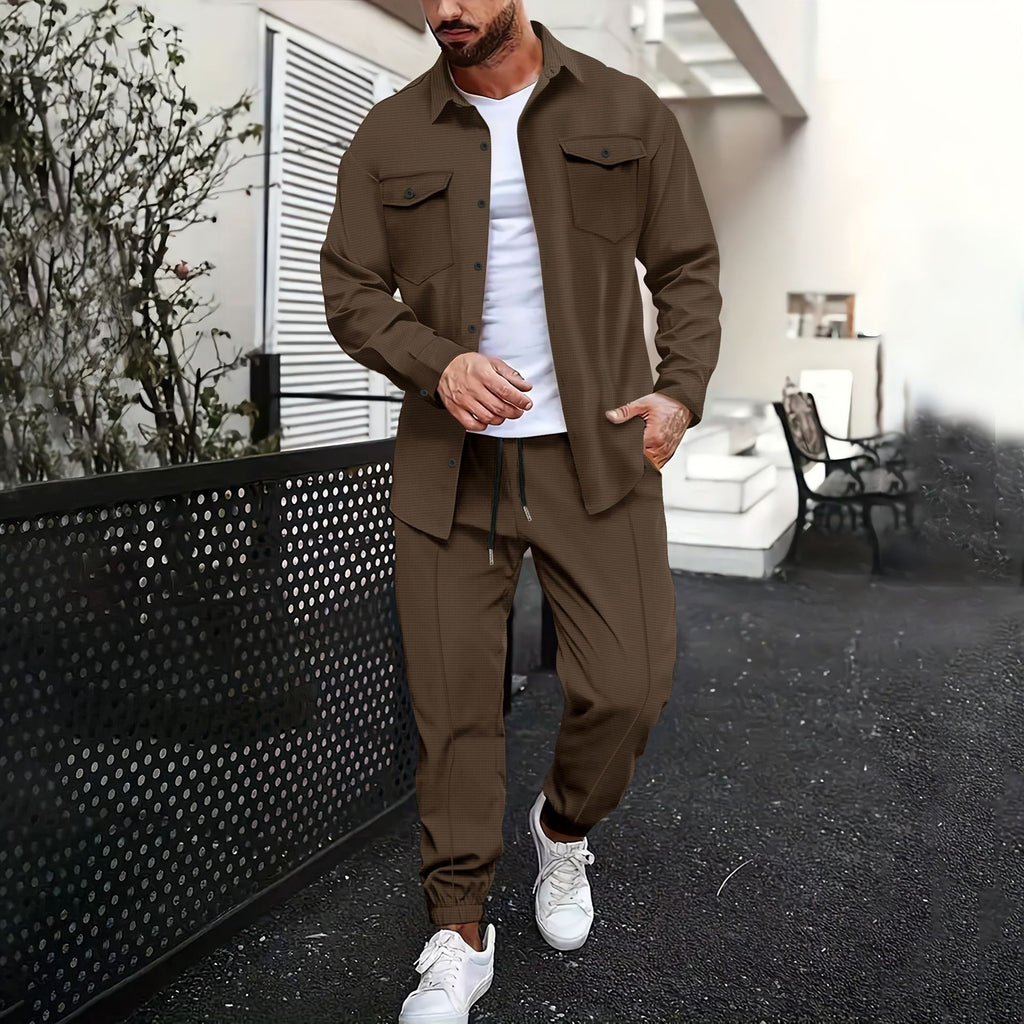 Double Pocket Printed Men's Casual Long Sleeve Shirt Trousers