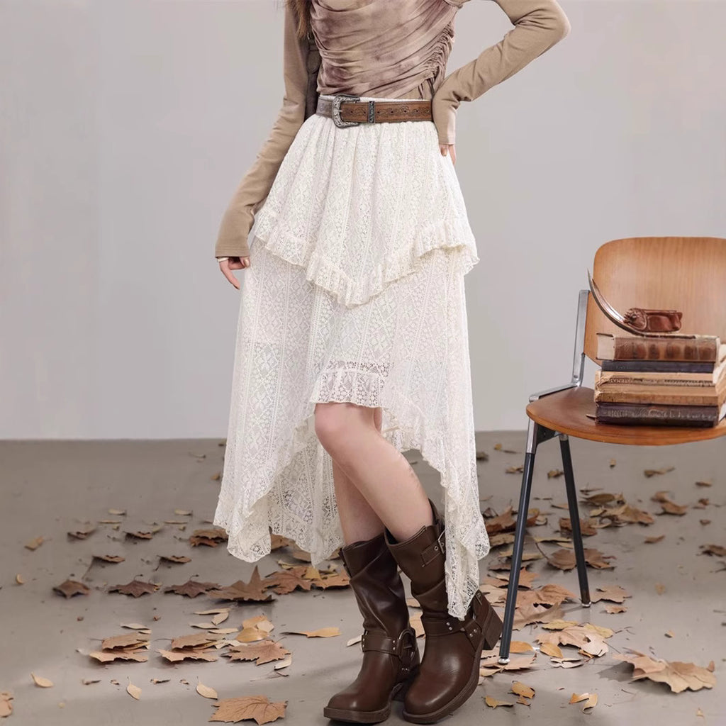 Womens Retro Hollowed Solid-Color Asymmetrical Skirt