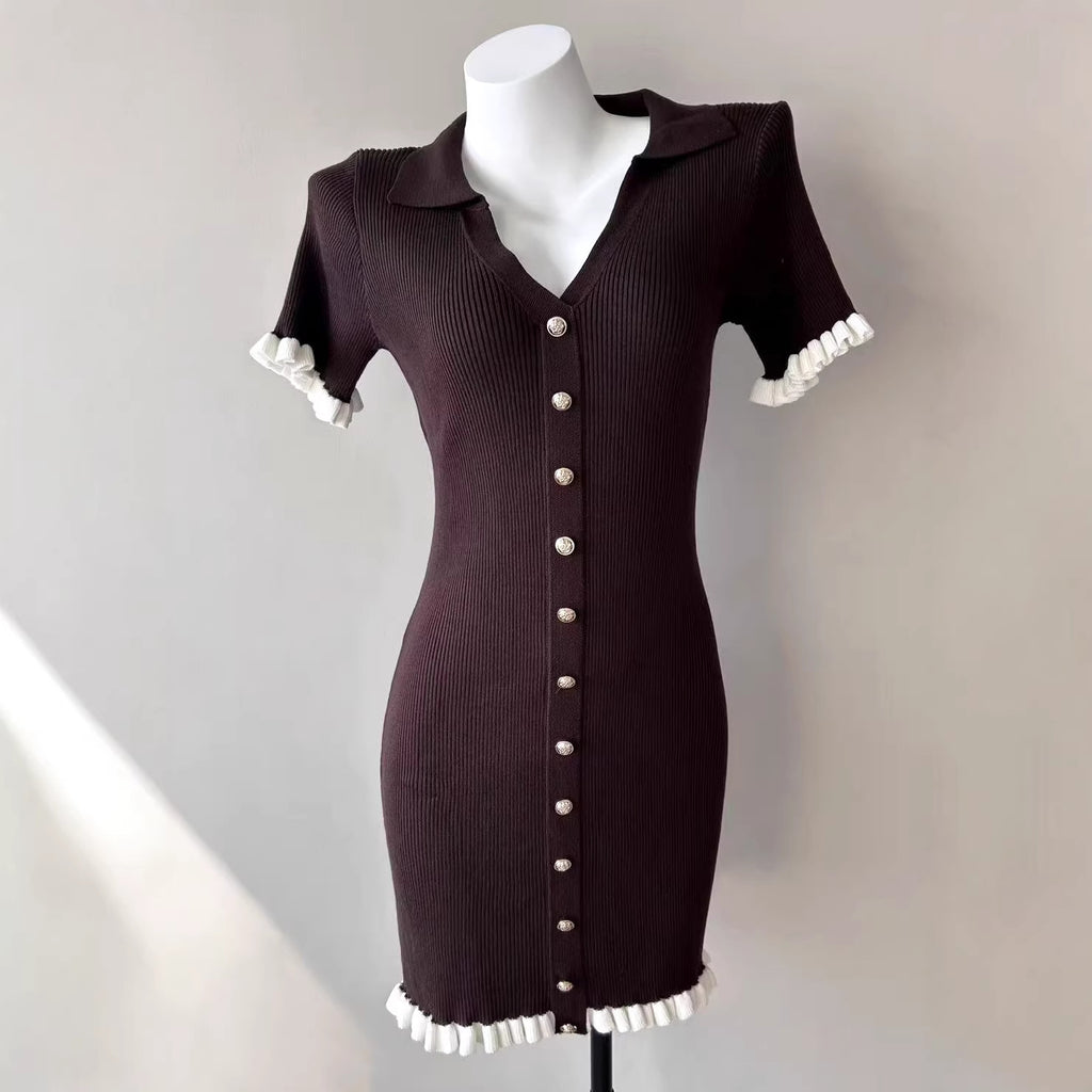 High-Waisted Short Fitted Dress for Women, V-Neck Short Sleeve, Chic and Versatile Mini Dress