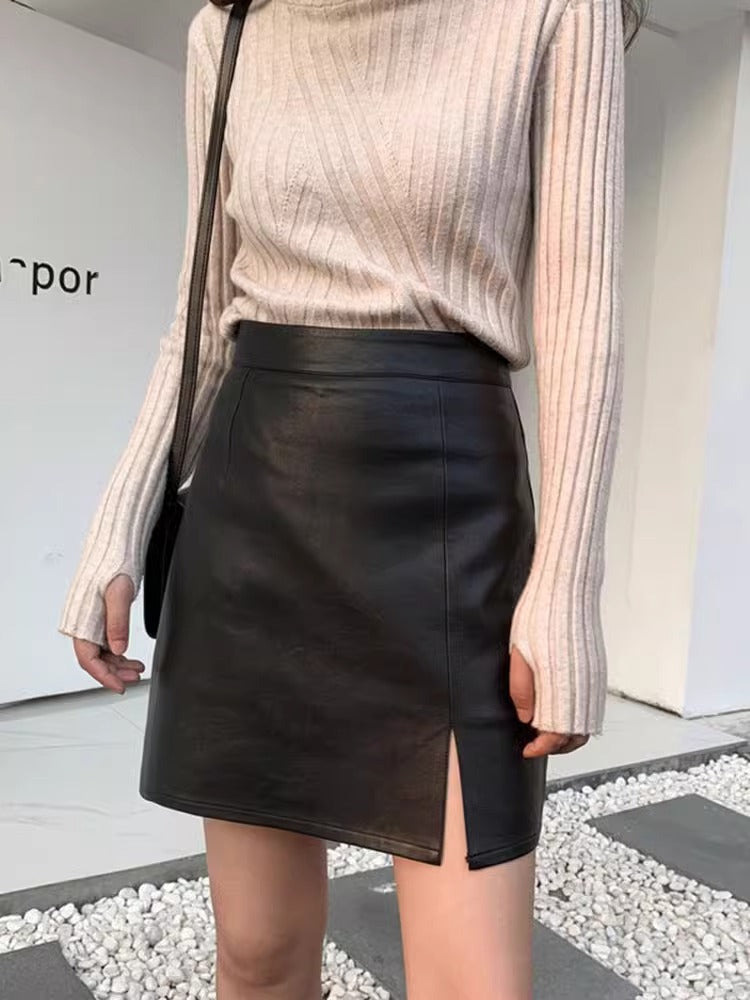 New AutumnWinter High-Waisted  Slimming  Bodycon Sexy PU Leather Skirt For Women