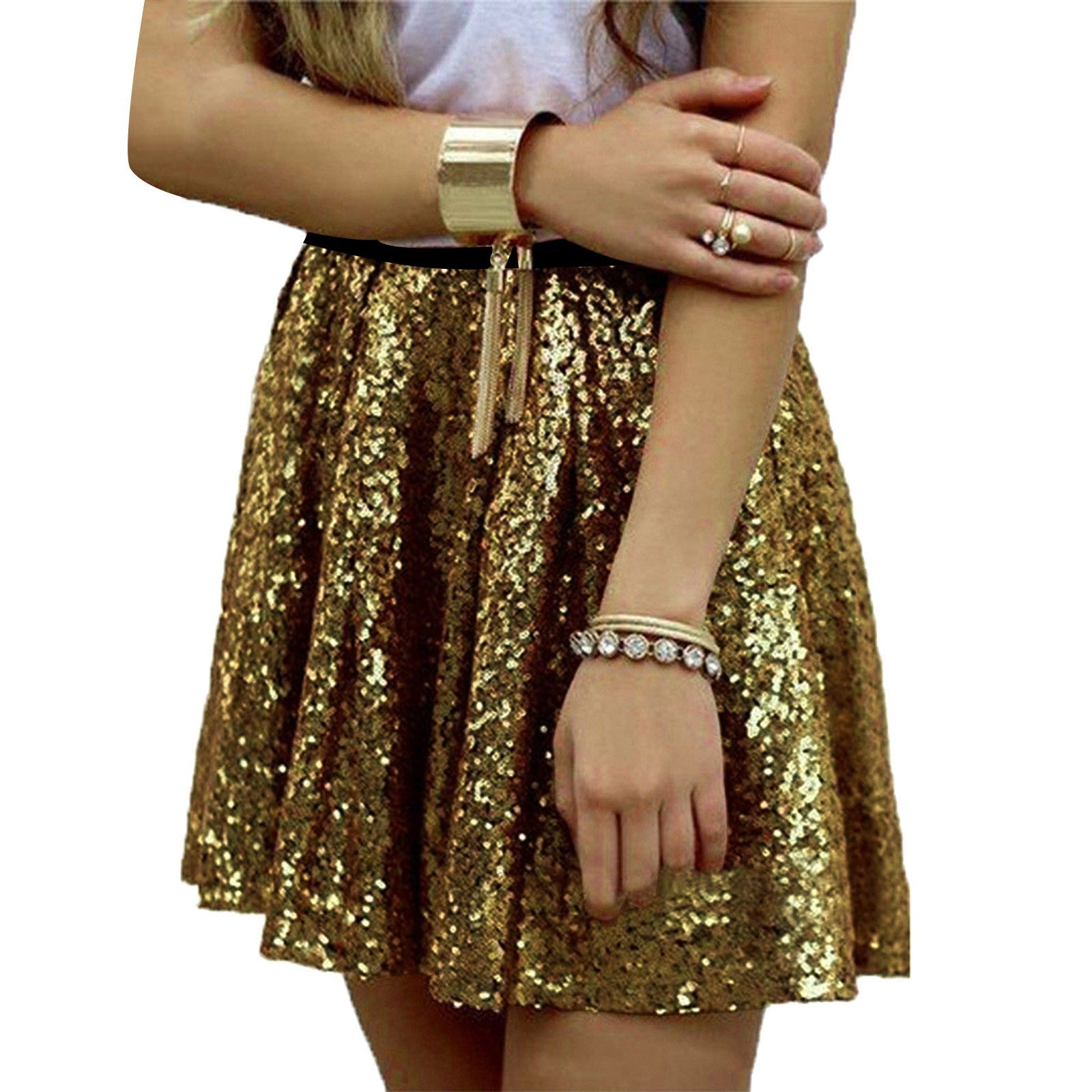 Sequin Elastic-Waist Pleated Skirt For Women