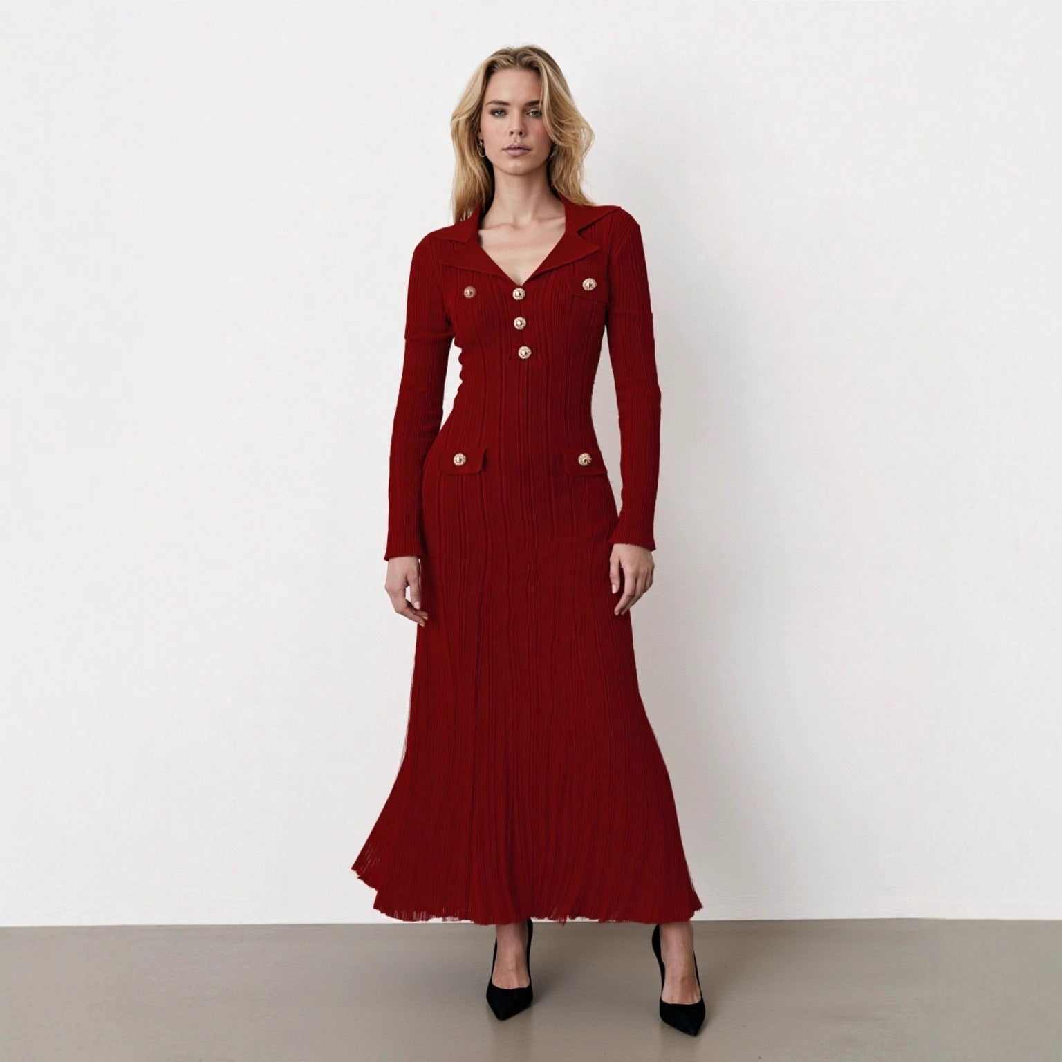 Long Sleeve Knit Dress with Waist-Cinching Design, Autumn/Winter Fashion Dress