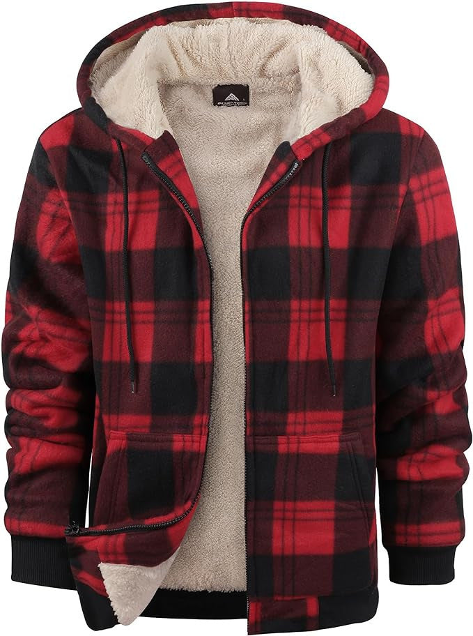 Thick Cotton Coat With Plaid Pattern Long Sleeves Loose Fit And Hood