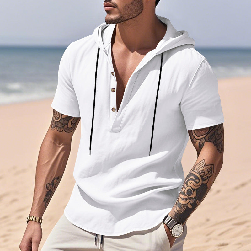 Breathable Linen Hooded Henley Shirt With Short Sleeves