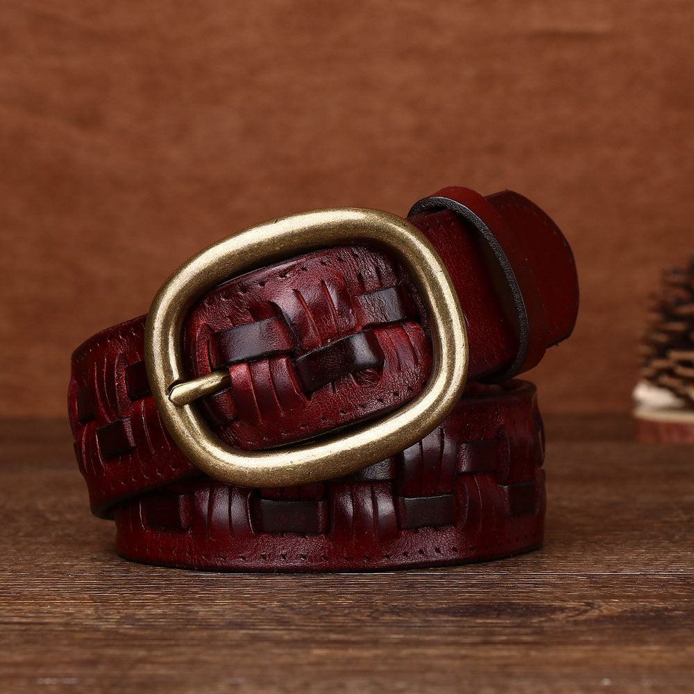 Men's Hand-woven First Layer Cow Leather Belt Personalized Punch-free Brass Buckle