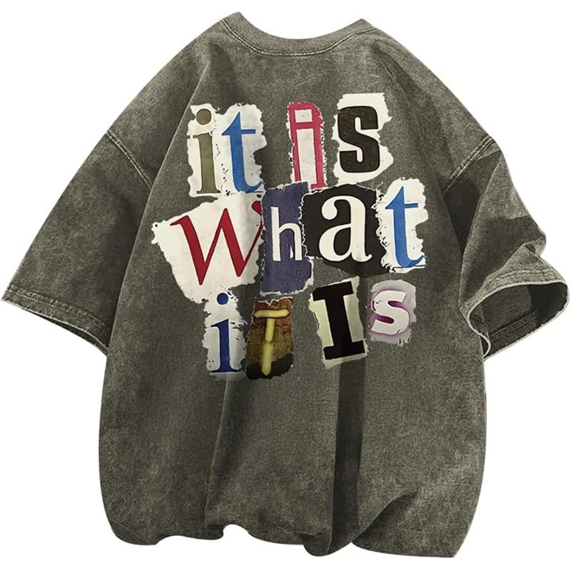 Mens Letter-Print Vintage Oversized T-Shirt