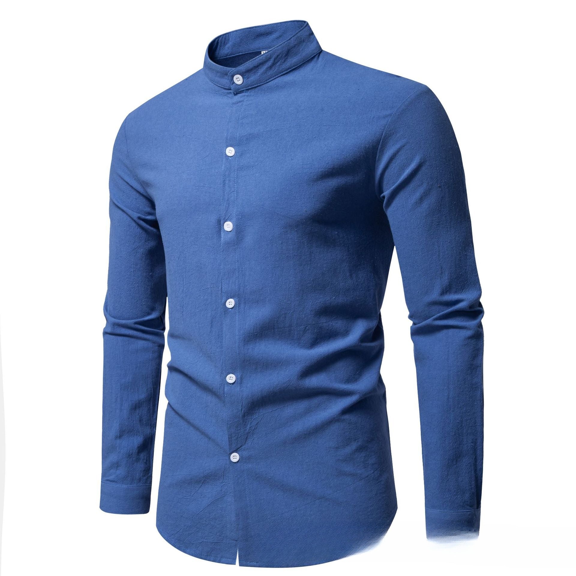 Men's Solid Color Stand-up Collar Cardigan Casual Cotton Long-sleeve Shirt