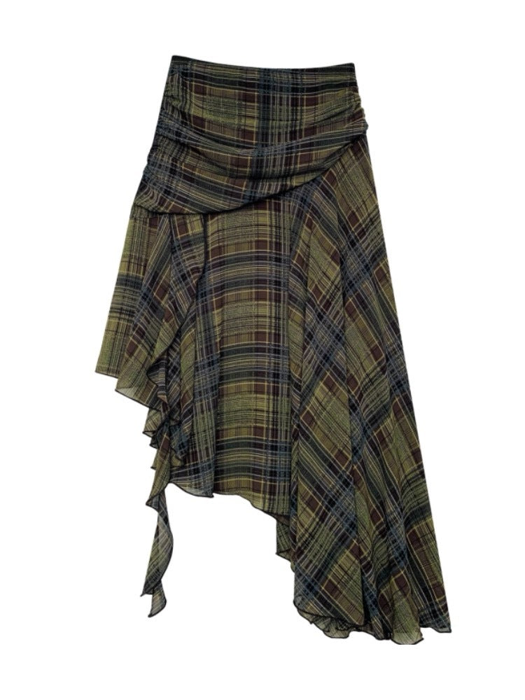 Retro Irregular Plaid Skirt With A Designer Touch For Autumn
