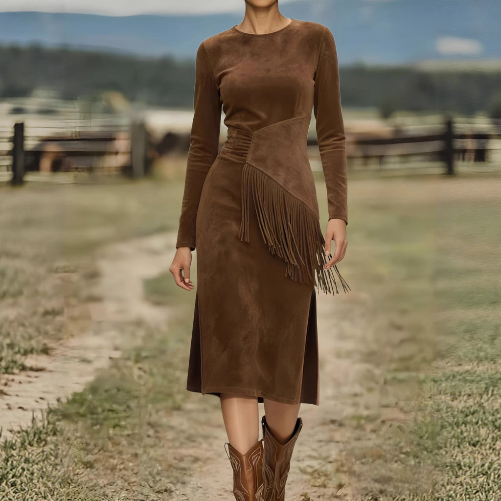 Women's Retro Western Crew-Neck Long-Sleeve Fringed Suede Velvet Dress