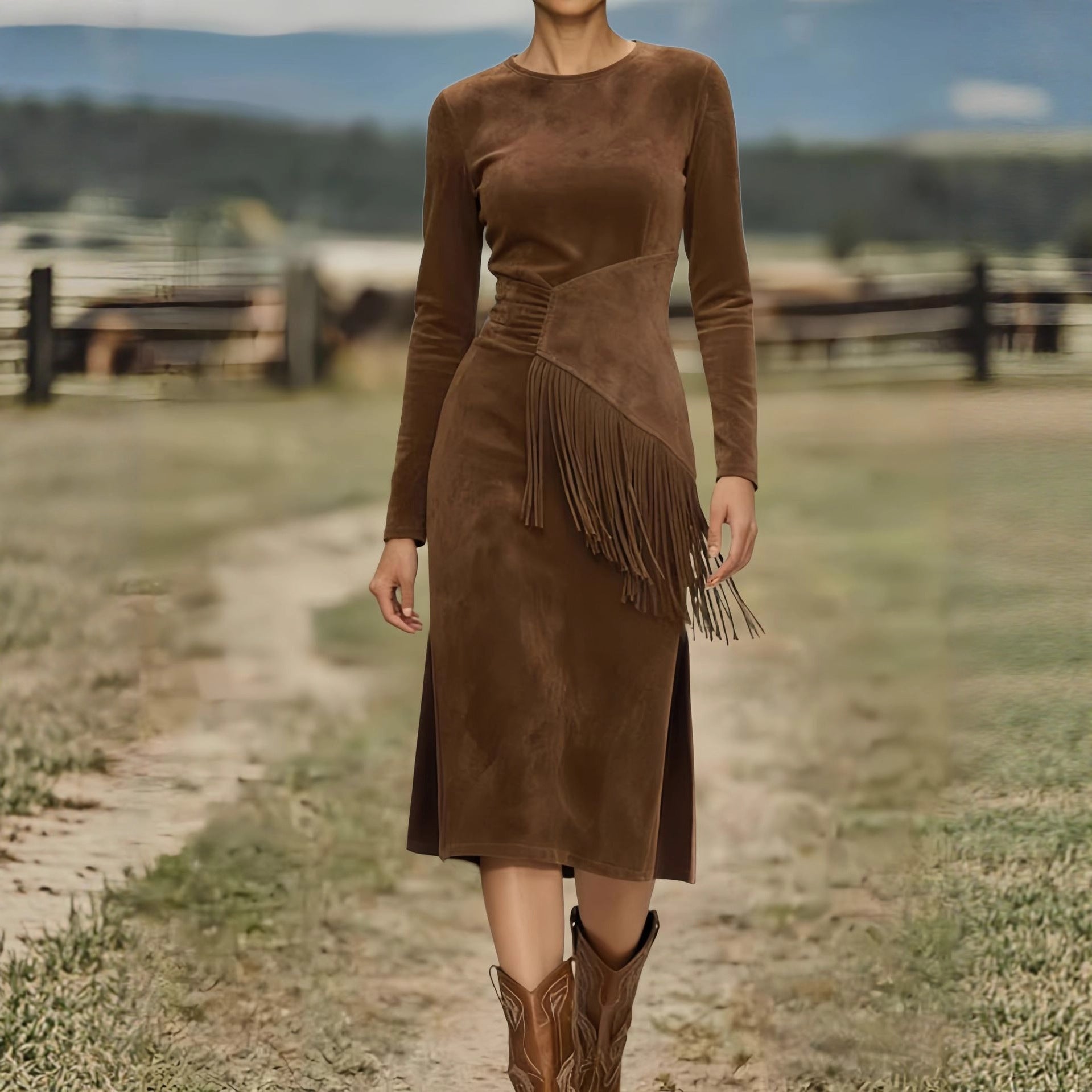 Women's Retro Western Crew-Neck Long-Sleeve Fringed Suede Velvet Dress