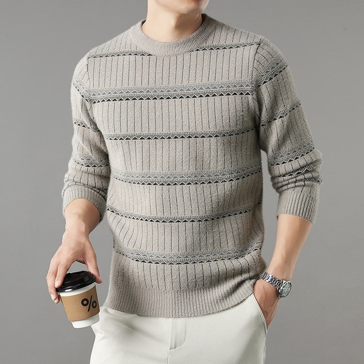 Mens Knitted Fleece-lined Thick Crew-neck Faux Mink Sweater