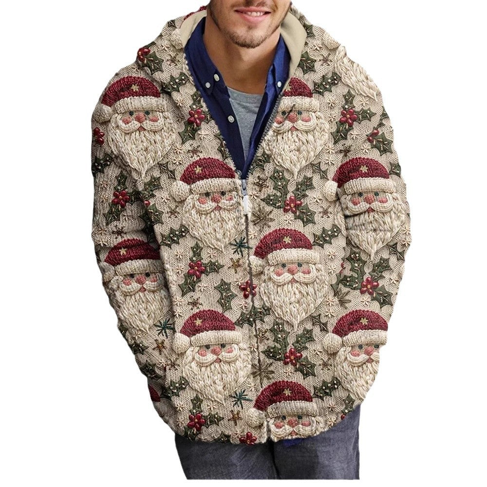 Christmas 3D Digital-Print Casual Zip-Up Hoodie