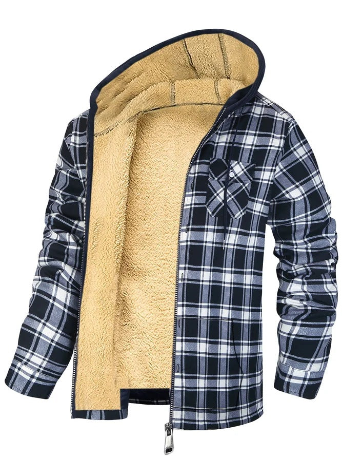 Thick Cotton Coat With Plaid Pattern Long Sleeves Loose Fit And Hood