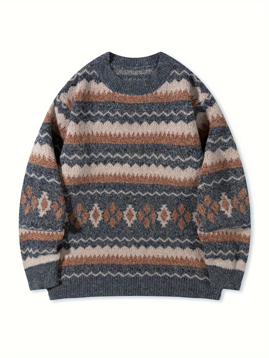 Mens Thickened Crew-Neck Pullover Sweater With Printed Design And Relaxed Fit