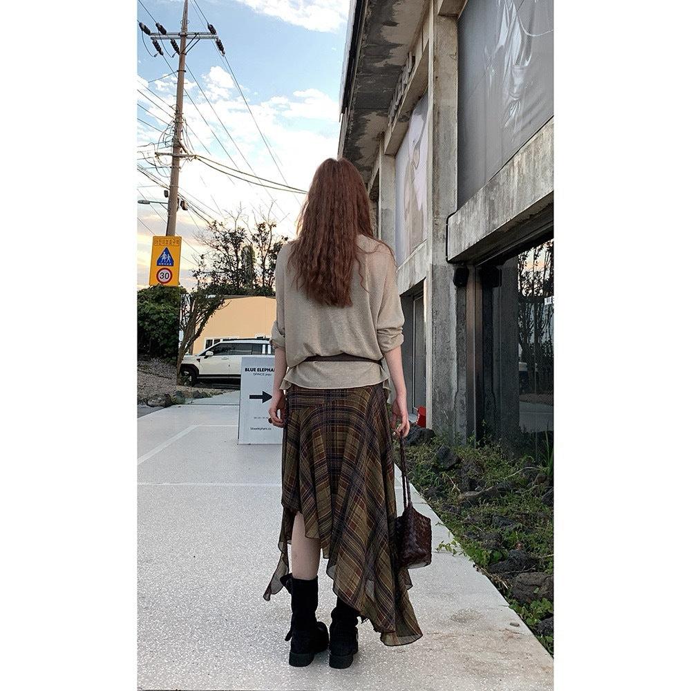 Retro Irregular Plaid Skirt With A Designer Touch For Autumn