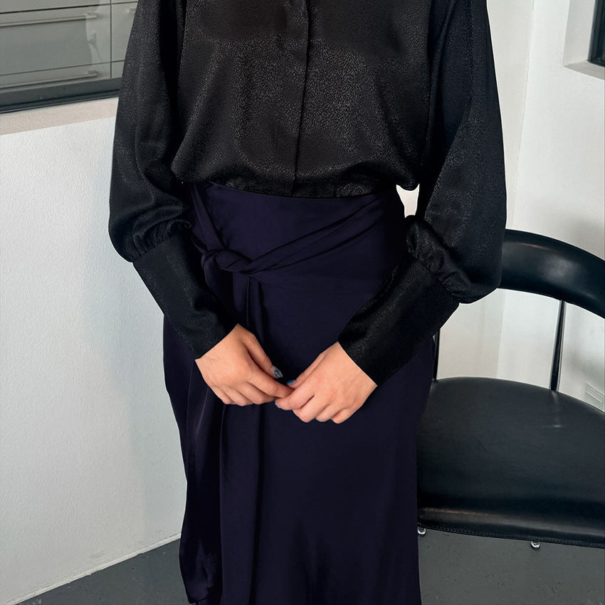 High-waisted Silk Navy Blue Wrap Skirt