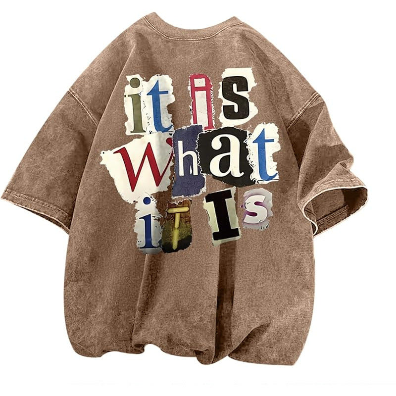 Mens Letter-Print Vintage Oversized T-Shirt