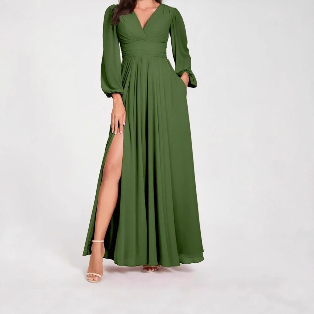 Solid Color V Neck Slit Long Sleeve Pleated Elegant Maxi Dress