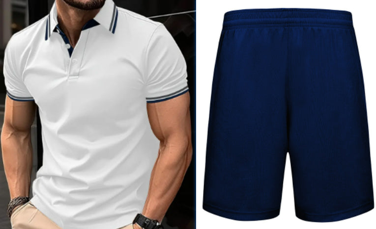 Men's Slim-fit Ribbed Striped Lapel Button Solid Color Stitching T-shirt Top