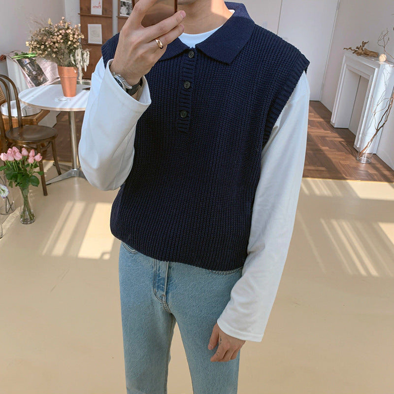 Mens Loose-fit V-neck Knitted Sweater Versatile Solid-color Outerwear Vest