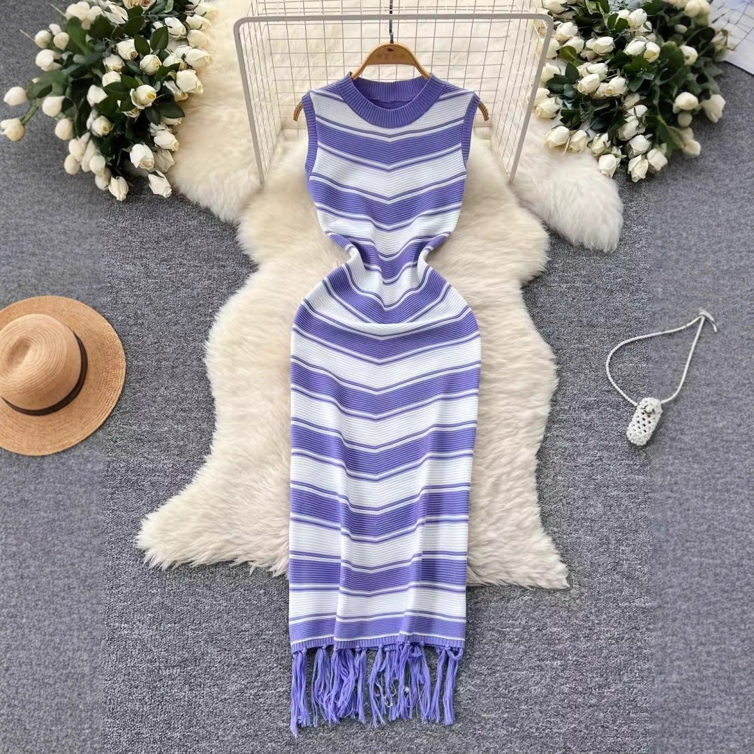 Women's high-end round neck new sleeveless striped knitted dress with unique base and hip hugging long skirt