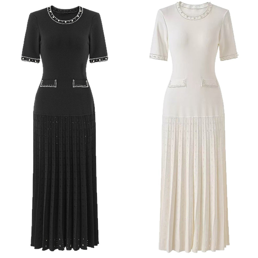 Summer New Women's Round Neck Tweed Knit Short Sleeve Dress Elegant Waist-Cinching Pleated Skirt