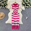 Women's high-end round neck new sleeveless striped knitted dress with unique base and hip hugging long skirt