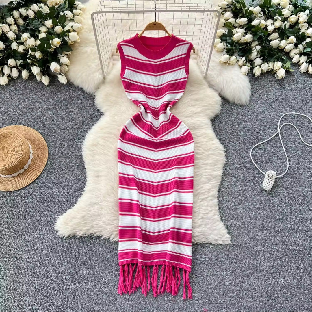 Women's high-end round neck new sleeveless striped knitted dress with unique base and hip hugging long skirt