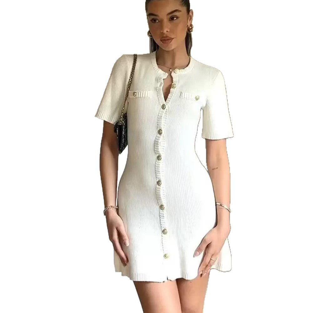 Chic Knit Dress for Women with Metal Buckle, Slim Fit Short Sleeve Waist-CinchingSummer Dress
