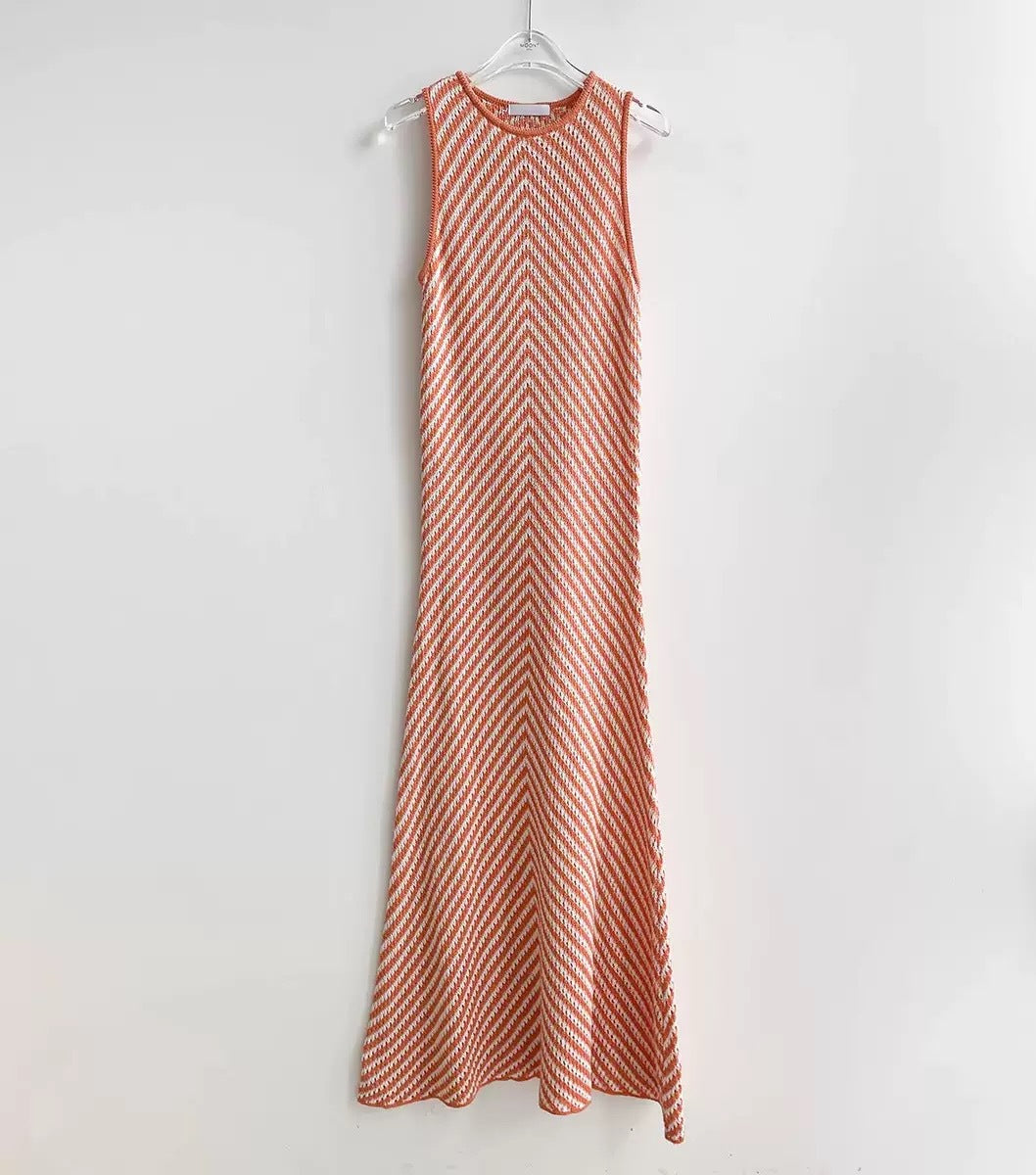 Chic Summer High-End Round Neck Striped  Fitted Bodycon Knit Dress