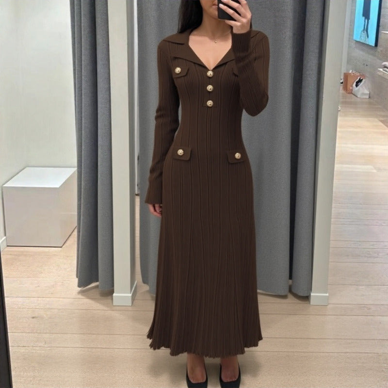 Long Sleeve Knit Dress with Waist-Cinching Design, Autumn/Winter Fashion Dress