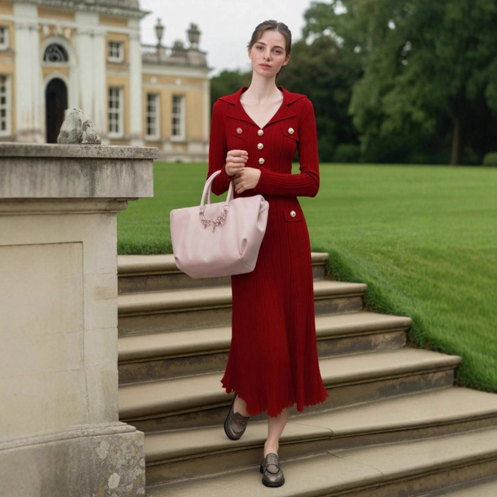 Long Sleeve Knit Dress with Waist-Cinching Design, Autumn/Winter Fashion Dress