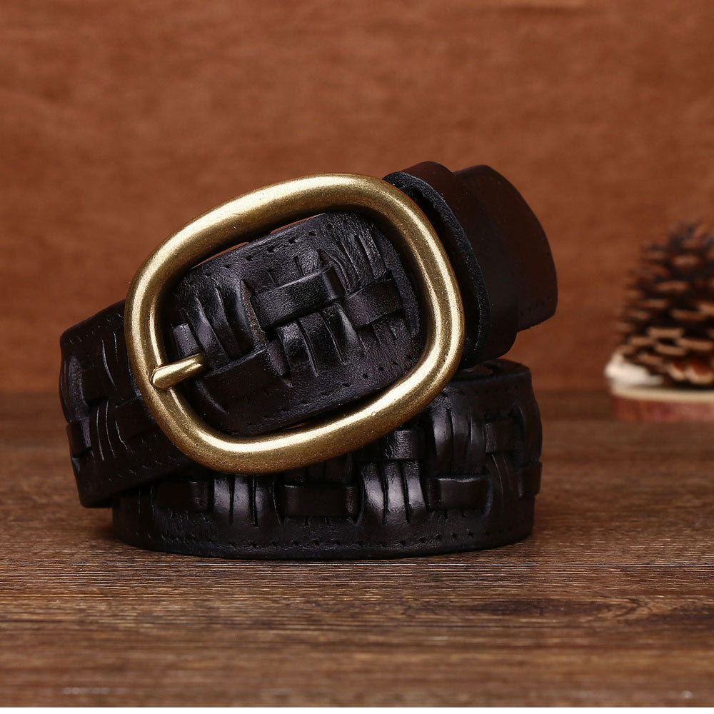 Men's Hand-woven First Layer Cow Leather Belt Personalized Punch-free Brass Buckle