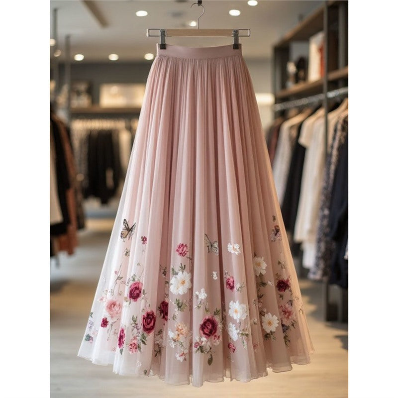 Womens Delicate And Sweet Rose-Print Midi Skirt