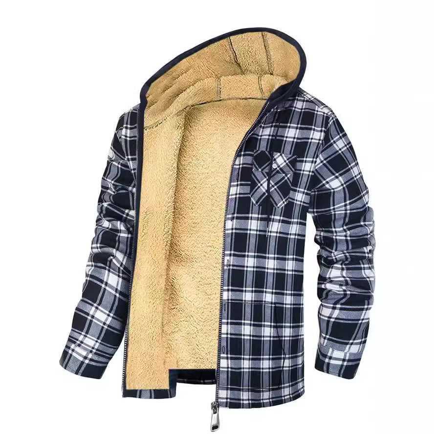 Thick Cotton Coat With Plaid Pattern Long Sleeves Loose Fit And Hood