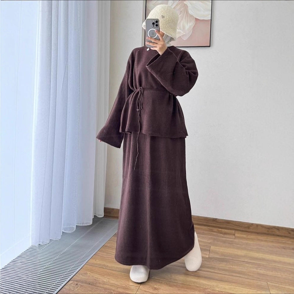 Stylish Casual Crew-neck Long-sleeve Tie-front A-line Dress In Hong Kong Style