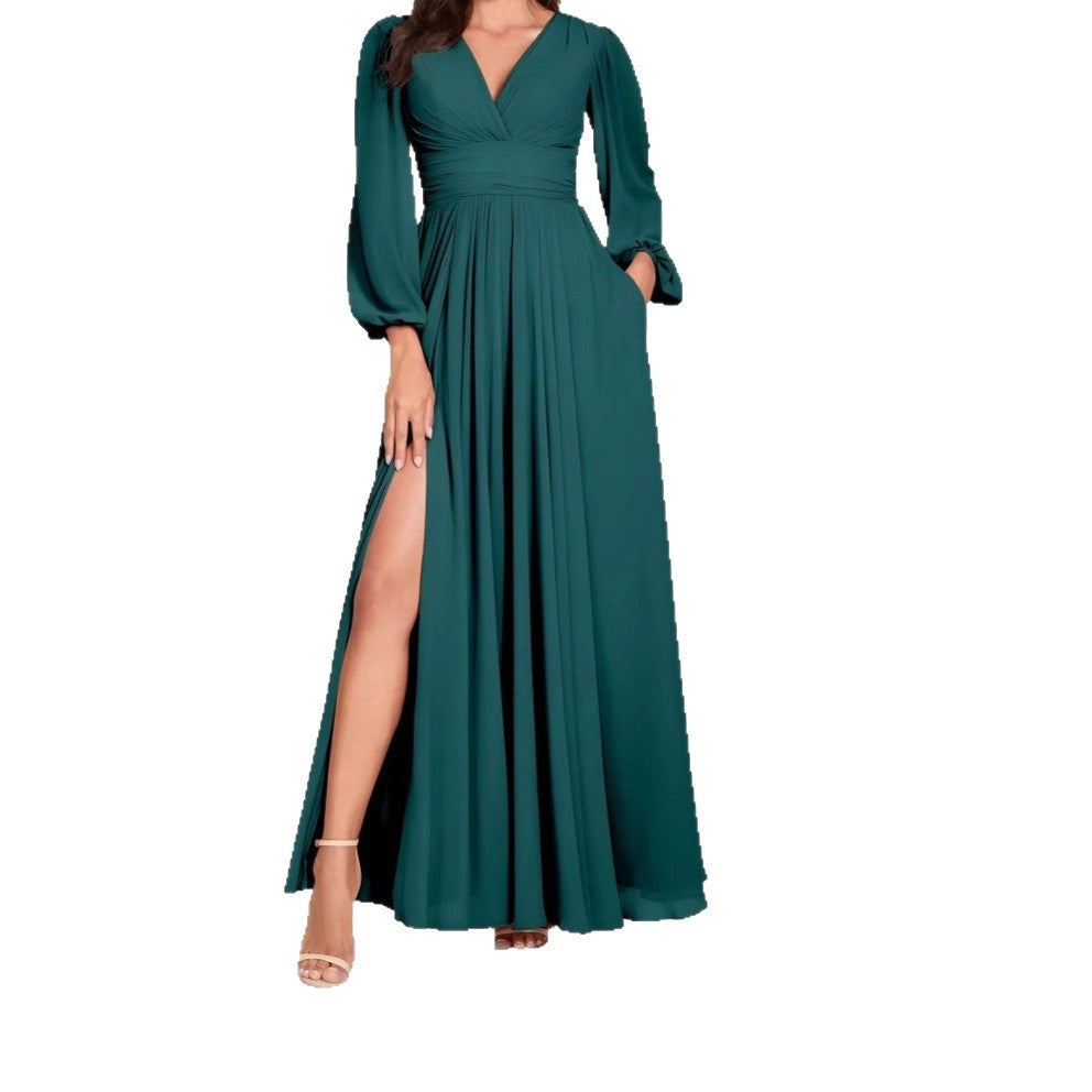 Solid Color V Neck Slit Long Sleeve Pleated Elegant Maxi Dress