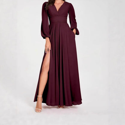 Solid Color V Neck Slit Long Sleeve Pleated Elegant Maxi Dress